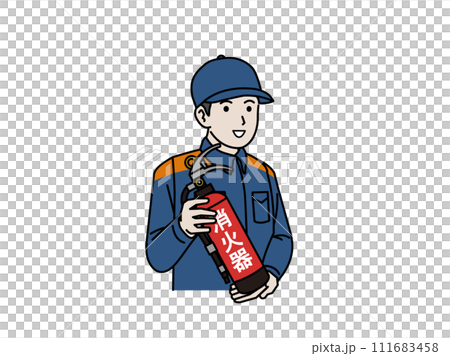 消火器について説明する消防士のイラスト 消火器について説明する消防士のイラスト 111683458