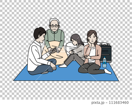 住在避難所的一家人的插圖 111683460