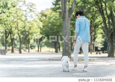 犬の散歩をする愛犬家の中高年男性の後ろ姿・運動・ドッグセラピー 111684088