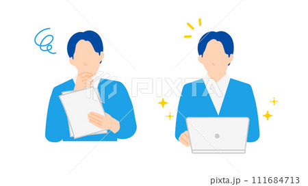 書類を見て悩む表情の男性とパソコンを前に明るい表情の男性のイラスト 書類を見て悩む表情の男性とパソコンを前に明るい表情の男性のイラスト 111684713