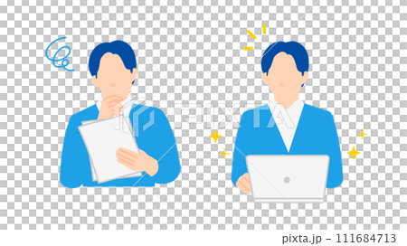 書類を見て悩む表情の男性とパソコンを前に明るい表情の男性のイラスト 書類を見て悩む表情の男性とパソコンを前に明るい表情の男性のイラスト 111684713