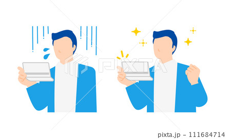 通帳を見てショックを受ける男性と明るい表情の男性のイラスト 通帳を見てショックを受ける男性と明るい表情の男性のイラスト 111684714