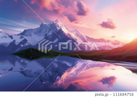 AI-generated content. A majestic mountain landscape at sunset, snow-capped peaks. Resplendent. 111684758