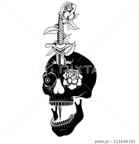 Grayscale Dagger Skull and Roses Vector Design 111686162