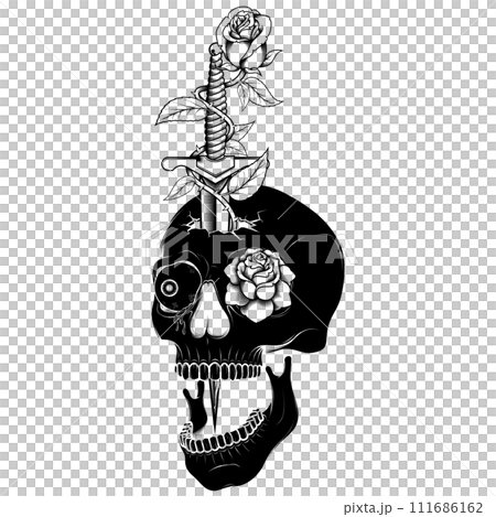 Grayscale Dagger Skull and Roses Vector Design 111686162