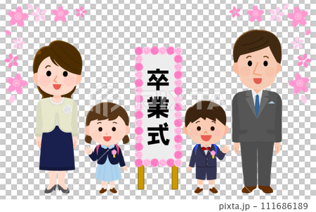 Sakura frame Illustration of a smiling family of four in formal clothes at a graduation ceremony Sakura frame Illustration of a smiling family of four in formal clothes at a graduation ceremony 111686189