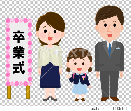 Illustration of a smiling couple and girl in formal clothes at a graduation ceremony 111686191