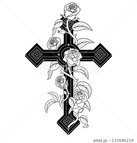 Christian cross with roses and petals Christian cross with roses and petals 111686219