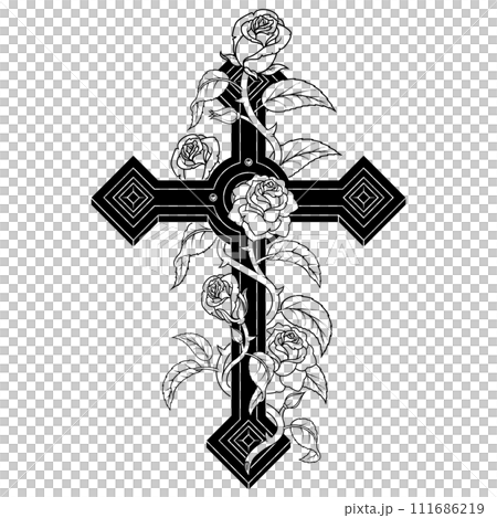 Christian cross with roses and petals Christian cross with roses and petals 111686219