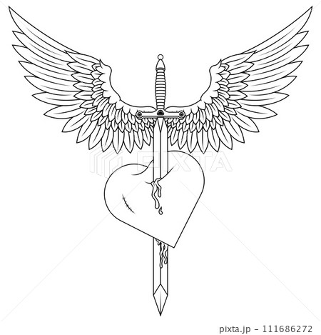Winged medieval sword piercing a heart 111686272