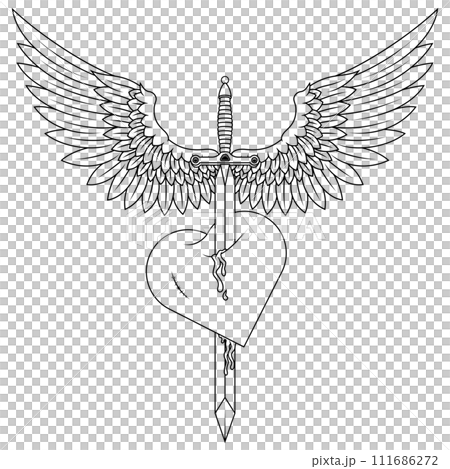 Winged medieval sword piercing a heart 111686272