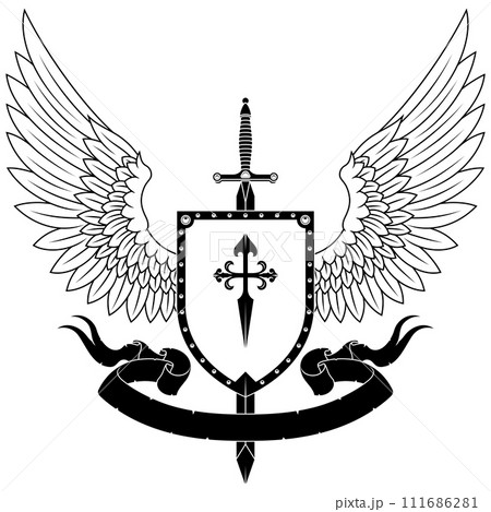 Heraldic shield with wings Heraldic shield with wings 111686281