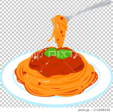 フォークで持ち上げたトマトソースのパスタ 111686456