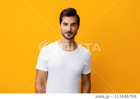 Model man background clothing shirt template studio mockup lifestyle t-shirt portrait copy casual space white 111686769