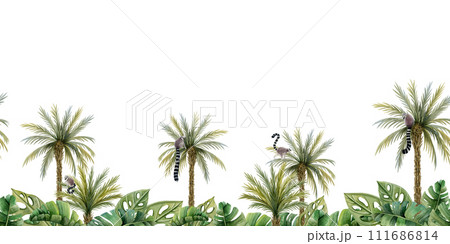 Lemurs monkeys on palm trees, tropical leaves and bushes horizontal seamless border with jungle forest nature and exotic plants isolated on white background 111686814