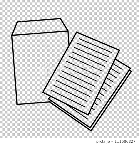 複数枚の書類や資料と封筒の線画アイコンイラスト 111686827