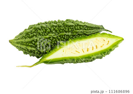 Fresh bitter gourd Bitter cucumber or bitter melon with cut slice isolated on a transparent background. 111686896