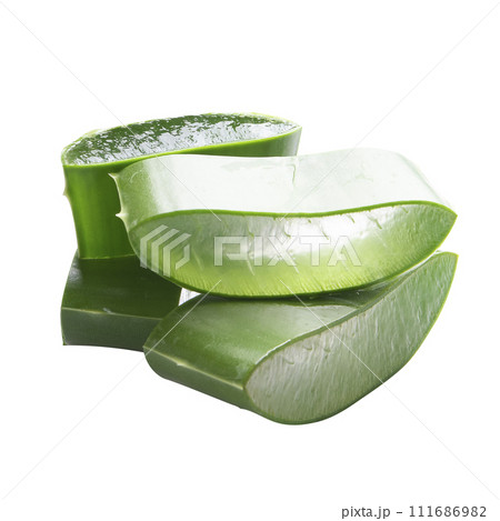 Close-up of organic green fresh aloe vera transparent gel isolated on a white background, Aloe vera cut into small pieces isolated on a white background Close-up of organic green fresh aloe vera transparent gel isolated on a white background, Aloe vera cut into small pieces isolated on a white background 111686982