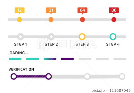 Progress bar. Infographic design. Chart numbers. Loading process. Measurement line. Sequence step icons. Verification phases. Diagram levels. Business presentation. Vector data indicator elements set Progress bar. Infographic design. Chart numbers. Loading process. Measurement line. Sequence step icons. Verification phases. Diagram levels. Business presentation. Vector data indicator elements set 111687049
