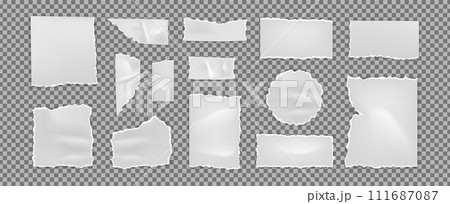 Paper torn. Newspaper cutout, texture old white sheet, piece edge different forms, frame page, scrap border, shred notepad, blank empty notebook or memo sheets, note fragment. Vector background mockup Paper torn. Newspaper cutout, texture old white sheet, piece edge different forms, frame page, scrap border, shred notepad, blank empty notebook or memo sheets, note fragment. Vector background mockup 111687087