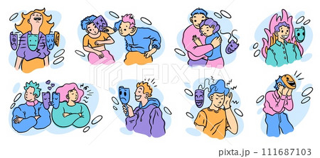 Emotion acting hidden. Fake mask. Couple relationship. Person with smile face disguise. Human psychology problem. Mental health. Positive mind. Men and women insincerity. Vector hypocrisy concepts set 111687103