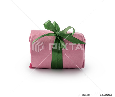 Present wrapped with purple paper with green ribbon bow isolated on white background 111688068