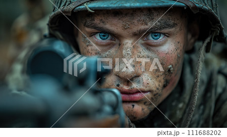 Cinematic of World War II soldiers. Military operation and War Concept. Generative Ai. 111688202