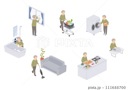 家事をする高齢男性のアイソメトリックイラスト 111688700