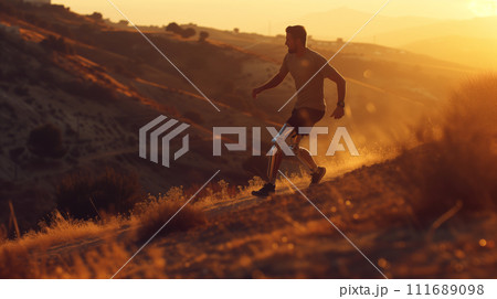 An athlete with a prosthetic limb training in an outdoor setting, showcasing determination and strength. An athlete with a prosthetic limb training in an outdoor setting, showcasing determination and strength. 111689098