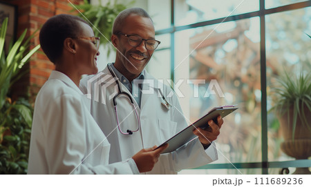 A smiling doctor holding a clipboard and discussing health plans with a patient, in a clinic flooded with daylight 111689236
