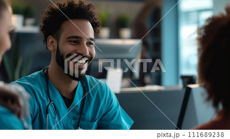 A smiling healthcare worker greeting a patient at the reception of a clinic, creating a welcoming atmosphere 111689238