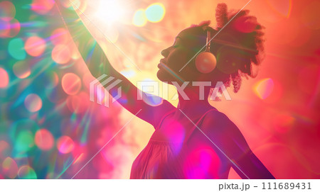 Woman Dancing with Headphones, Expressing Joyful Freedom 111689431