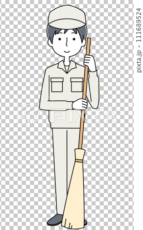 竹ほうきを持った作業着の男性のイラスト 111689524