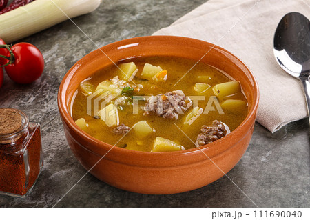 Soup with beef meatball and vegetables 111690040