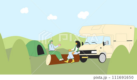 Tourists camping. Hiking characters vacation picnic. Expedition with people. Two young woman sitting on log near tent and van. Vector flat illustration Tourists camping. Hiking characters vacation picnic. Expedition with people. Two young woman sitting on log near tent and van. Vector flat illustration 111691650