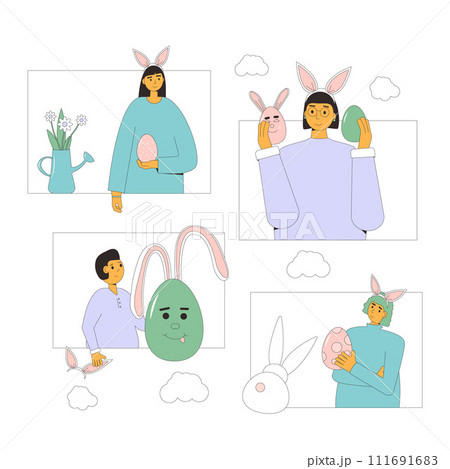 Easter event. Teenagers with eggs, bunny ears celebration spring holiday together online. Friends and siblings take part on Easter egg hunt party. Vector flat illustration 111691683