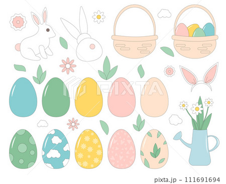 Easter eggs hunt set isolated on white background. Basket, bunny and can with flowers and spring gift symbols. Vector flat with outline illustration on pastel color 111691694