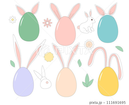 Easter eggs with bunny ears set isolated on white background. Vector flat illustration on pastel color Easter eggs with bunny ears set isolated on white background. Vector flat illustration on pastel color 111691695