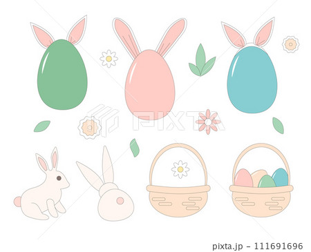 Easter eggs with bunny ears set isolated on white background. Vector flat with outline illustration on pastel color 111691696