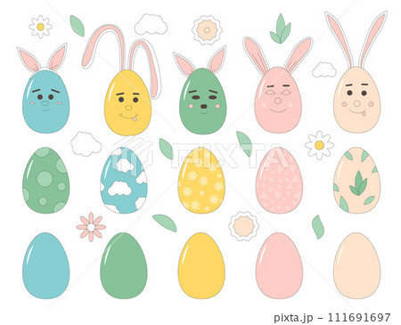 Easter eggs set isolated on white background. Cute mascot spring holiday symbol. Vector flat with outline illustration on pastel color. Easter eggs set isolated on white background. Cute mascot spring holiday symbol. Vector flat with outline illustration on pastel color. 111691697