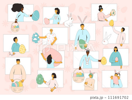 Easter event. People with eggs, bunny ears celebration spring holiday together online. Friends and family take part on Easter egg hunt party. Vector flat illustration Easter event. People with eggs, bunny ears celebration spring holiday together online. Friends and family take part on Easter egg hunt party. Vector flat illustration 111691702