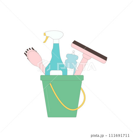 Bucket with brushes and bottles for cleanup. Cleaning tools. Vector flat with outline illustration Bucket with brushes and bottles for cleanup. Cleaning tools. Vector flat with outline illustration 111691711