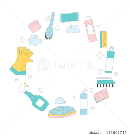 Cleaning tools round frame isolated. Vector Wash home equipment round composition. Soap foam, gloves and brushes with bottles Cleaning tools round frame isolated. Vector Wash home equipment round composition. Soap foam, gloves and brushes with bottles 111691712