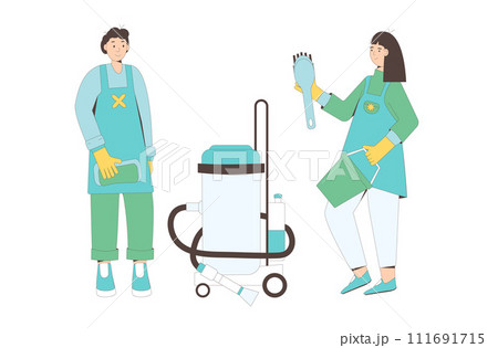 Cleaning service staff team. Vector man and woman work in home. Janitors with housekeeping tools. 111691715