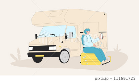 Digital nomad working on the road. Caravan, camper trailer with person. Vector flat illustration 111691725