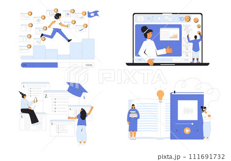 Education set. Gamification in learning, motivation and test exam. Online course or training. Teaching strategy for adult. Vector illustration in white background 111691732