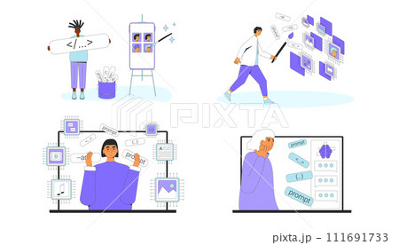 Prompt engineering set. Artificial intelligence create an images and multimedia. Crafting precise instructions that guide AI models to generate visual content. Characters working with AGI. Vector 111691733