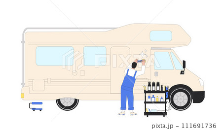 Van polish detailing car. Repair auto service. Polish remove scratch on vehicle big automobile. Young worker restoration. Vector illustration 111691736