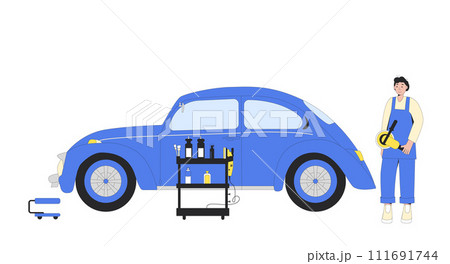 Polish car concept. Garage service. Repair auto body. Remove scratch on vehicle. Worker with automobile and machine prepare to restoration exterior. Vector illustration 111691744