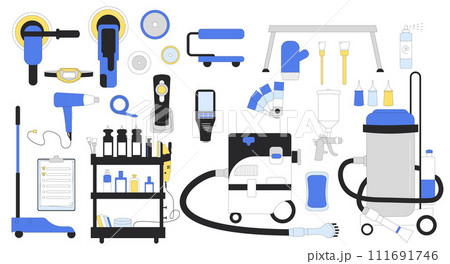 Car detailing set. Collection of isolated auto service tools. Polish, waxing dry leather repair cleaning painting interior and exterior. Vector illustration in flat with outline Car detailing set. Collection of isolated auto service tools. Polish, waxing dry leather repair cleaning painting interior and exterior. Vector illustration in flat with outline 111691746